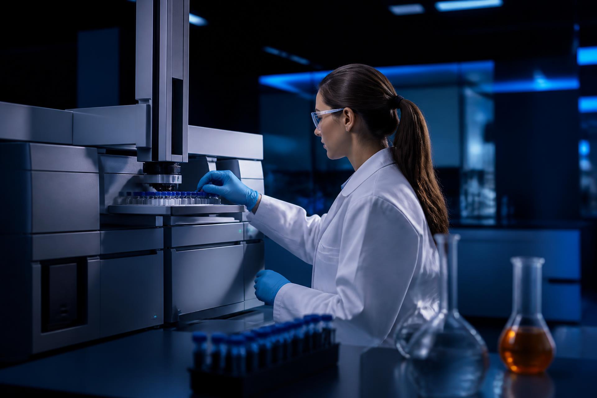 Analista operando equipamento de cromatografia em laboratório de alimentos